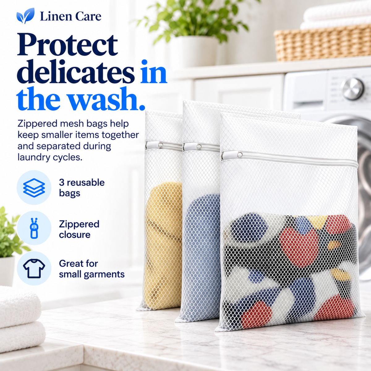 Linen Care mesh laundry bags benefits graphic