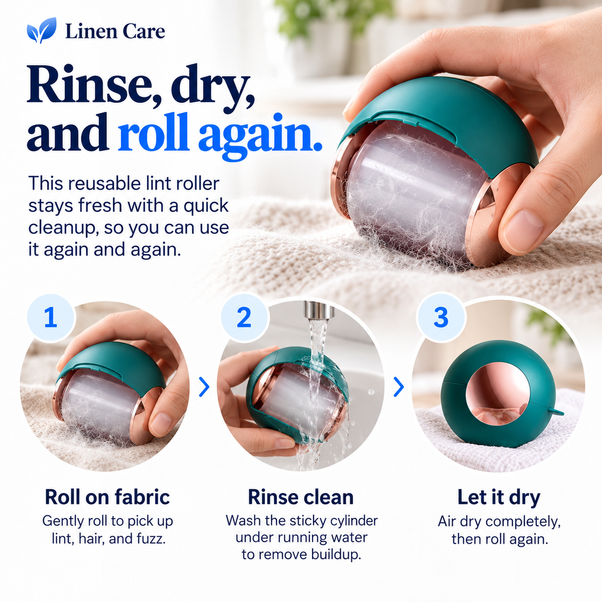 Linen Care reusable lint roller rinse and reuse guide