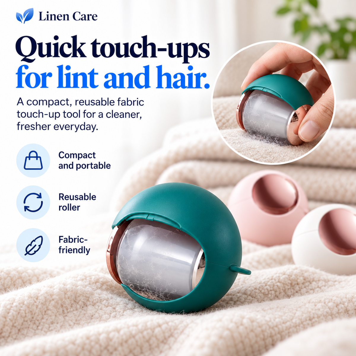 Linen Care reusable lint roller benefits graphic