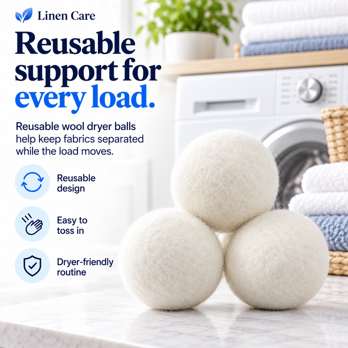 Linen Care wool dryer balls benefits graphic